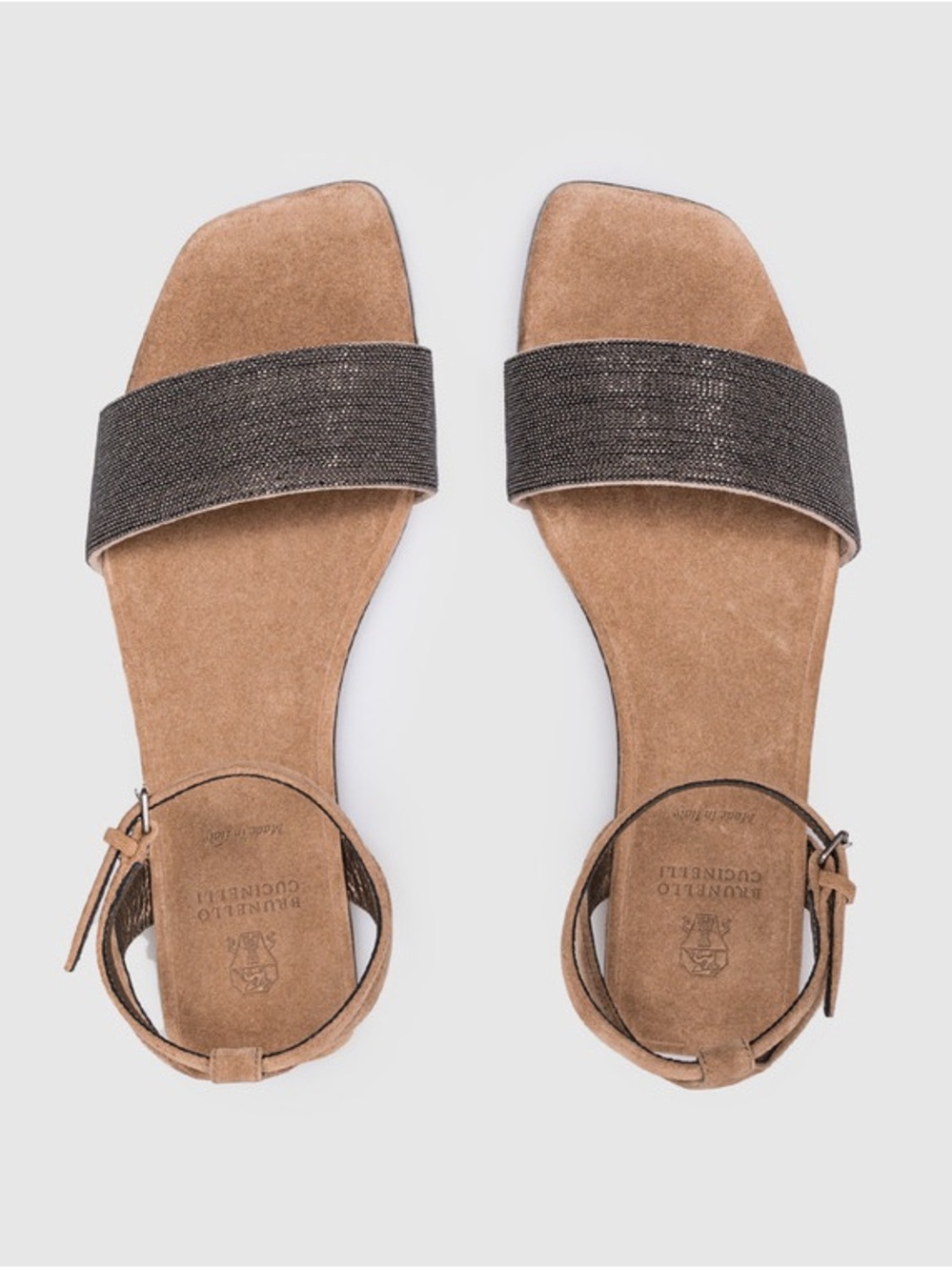 Brunello Cucinelli Tan Suede Sandals with Metallic Brown Strap